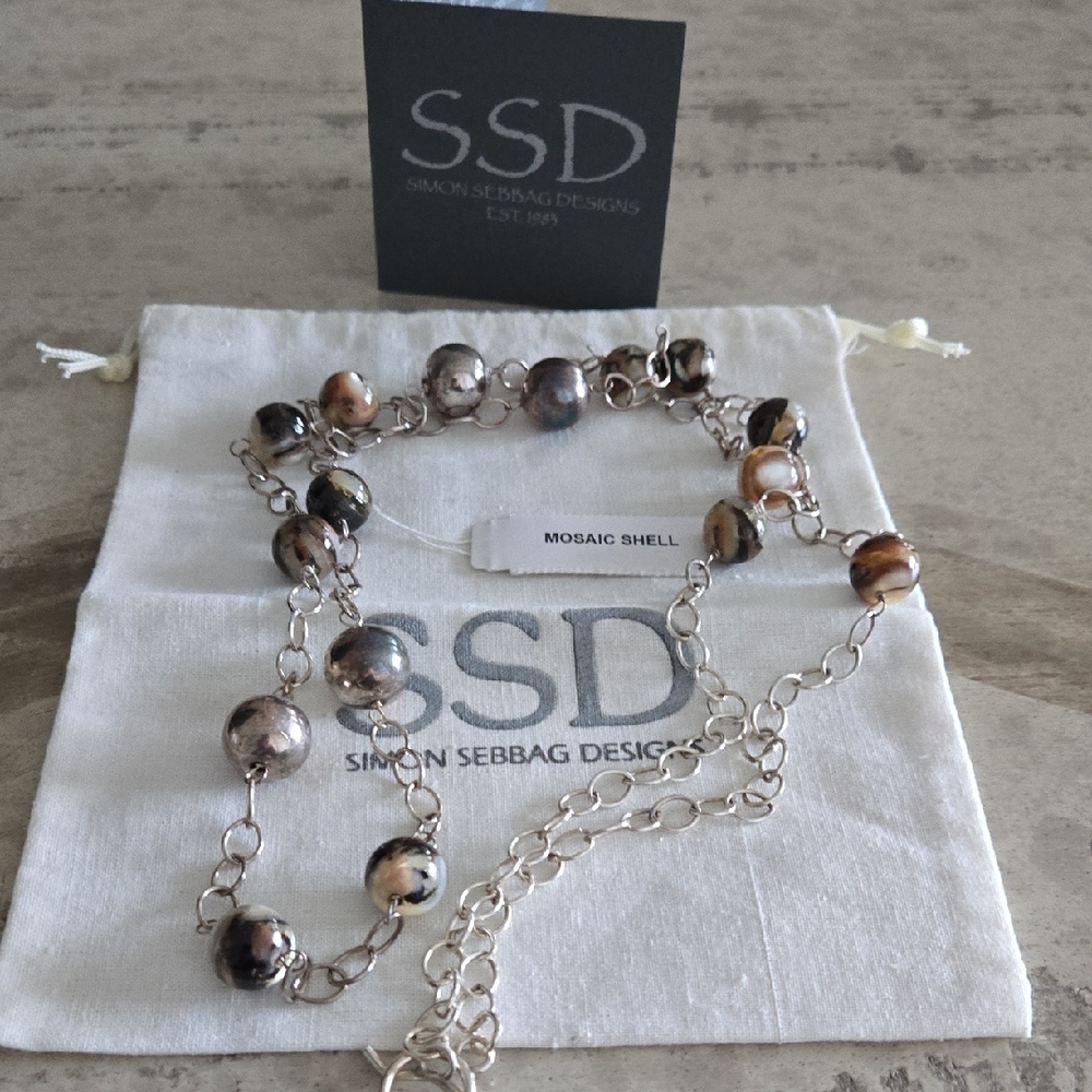Simon Sebbag 36" Mosaic Shell Necklace, 925 Sterling Chain.